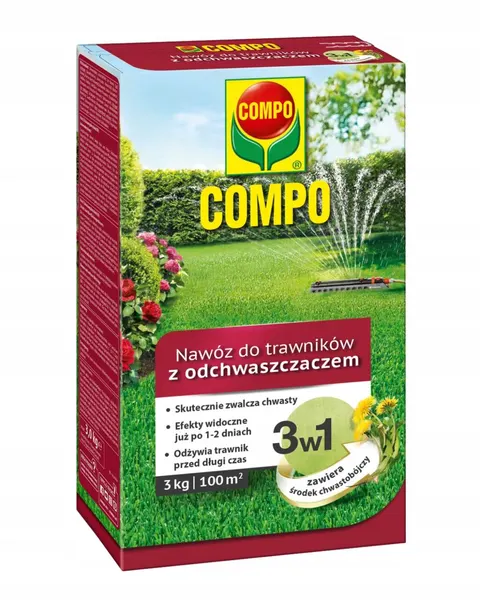 Nawóz do trawników z odchwaszczaczem 3W1 3kg COMPO szybko działa, skutecznie niszczy chwasty, długie działanie - do 100dn