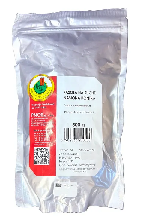 Fasola karłowa Kontra 500g PNOS na suche nasiona, odmiana plenna, nasiona wydłużone, lekko spłaszczone, białe, błyszczące