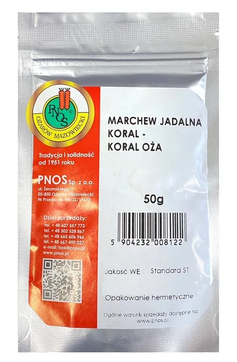 Marchew Koral 50g PNOS odmiana późna o dużej zawartości cukrów, ciemnopomarańczowy korzeń, nadaje się do siewu zimowego