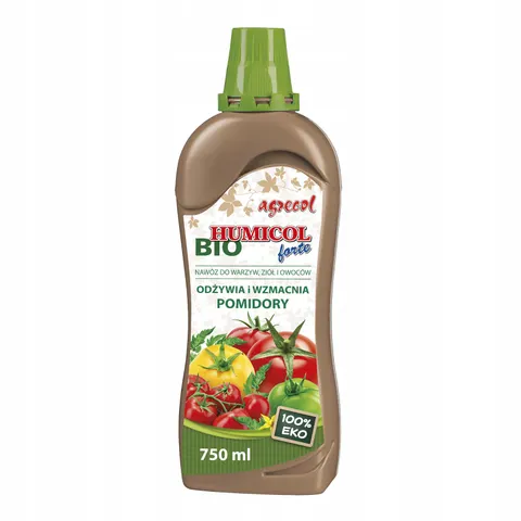 Nawóz do warzyw, ziół i owoców BIOHUMICOL FORTE 0,75L AGRECOL odżywia i wzmacnia pomidory, substancje organiczne