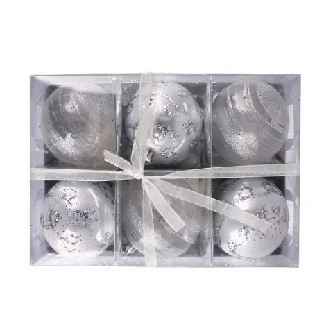 Srebrne bombki plastikowe 8cm 6 szt. mix wzorów
