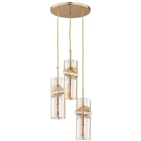 Nowoczesna złota lampa wisząca do jadalni podłużne szklane bursztynowe klosze regulowana wysokość Kapris Gold Alfa 61015 3xE27 95cm x 32cm