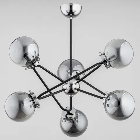 Nowoczesna lampa sufitowa w kształcie gwiazdy czarna chrom szklane dymione klosze kule Galaxy Alfa 27706 6xE14 56cm x 55cm