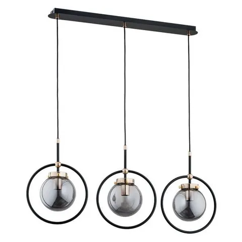 Minimalistyczna lampa wisząca nad stół na listwie czarna dymione klosze z metalową oprawką i złotymi elementami Akira Alfa 62174 3xE14 90cm x 80cm