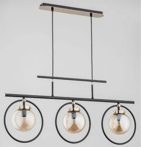 Designerska lampa wisząca nad stół czarno złota szklane bursztynowe klosze z metalową ramką na listwie Vasido Alfa 62196 3xE14 85cm x 80cm