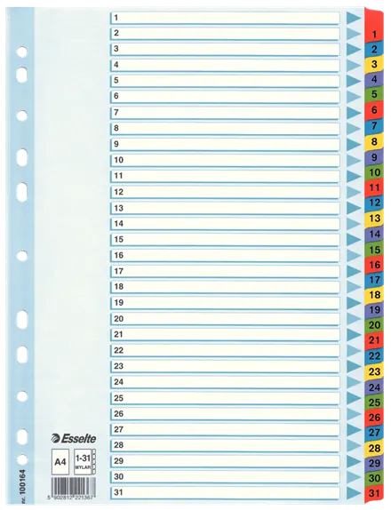 Przekładki numeryczne A4 1-31 ESSELTE karton kol. biały 100164