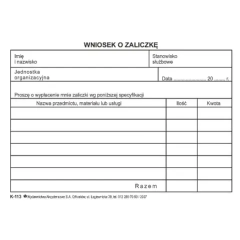 Druk - Wniosek o zaliczkę offset A6 WYDAWNICTWA AKCYDENSOWE poziomy dwustronna [K-113]