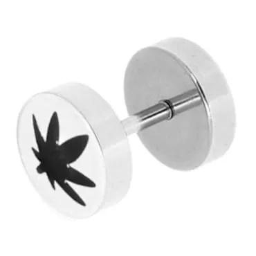 Kolczyk stalowy fake plug z cannabisem - srebrny