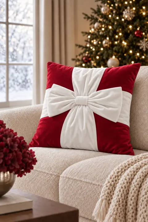 Welurowa Poszewka Świąteczna CHRISTMAS BOW Czerwona