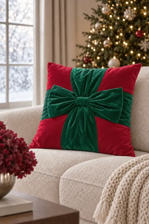 Welurowa Poszewka Świąteczna CHRISTMAS BOW Czerwona