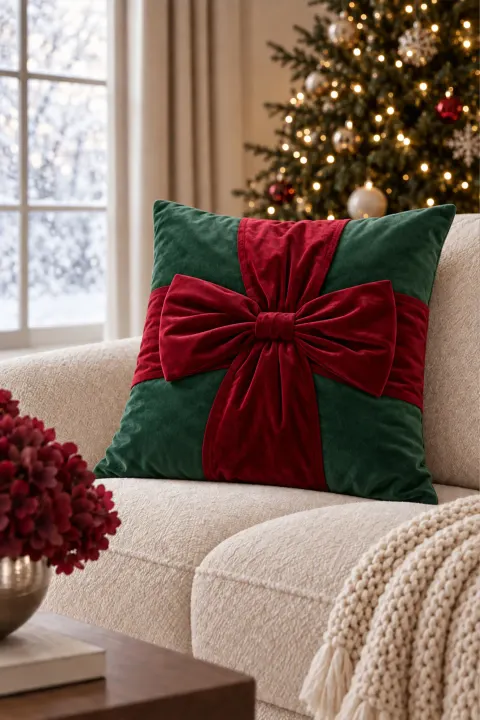 Welurowa Poszewka Świąteczna CHRISTMAS BOW Zielona