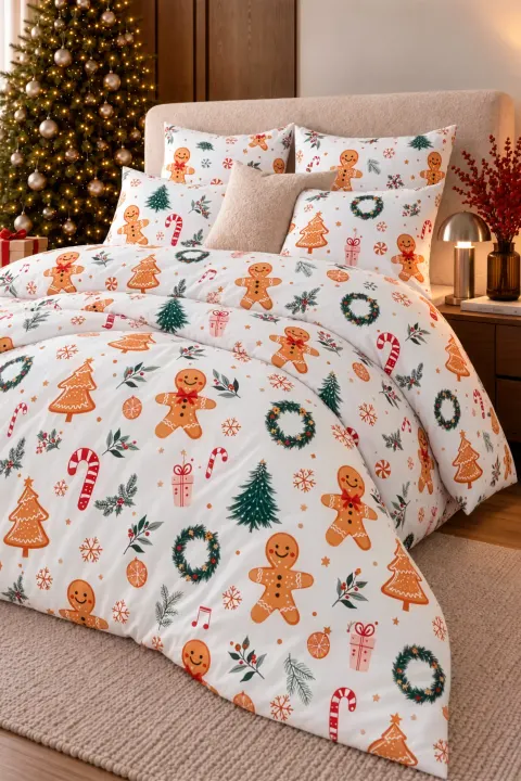 Świąteczna Pościel z Mikrofibry GINGERBREAD Biała