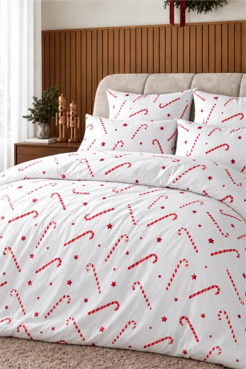 Pościel Świąteczna z Satyny Bawełnianej CANDYCANES Biała