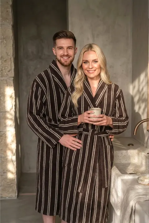 Bawełniany Szlafrok Frotte LINE Brązowy w Paski