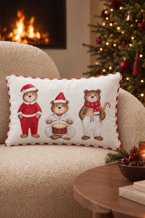 Welurowa Poszewka Świąteczna PYJAMA BEAR TRIO Biała