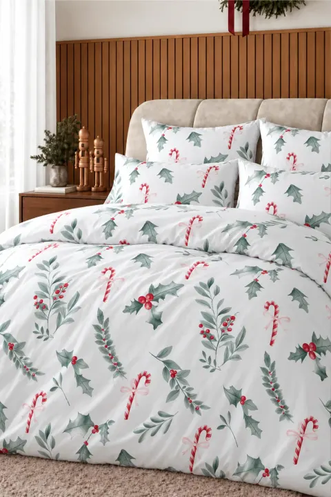 Pościel Świąteczna z Satyny Bawełnianej HOLLY CLASSIC Biała