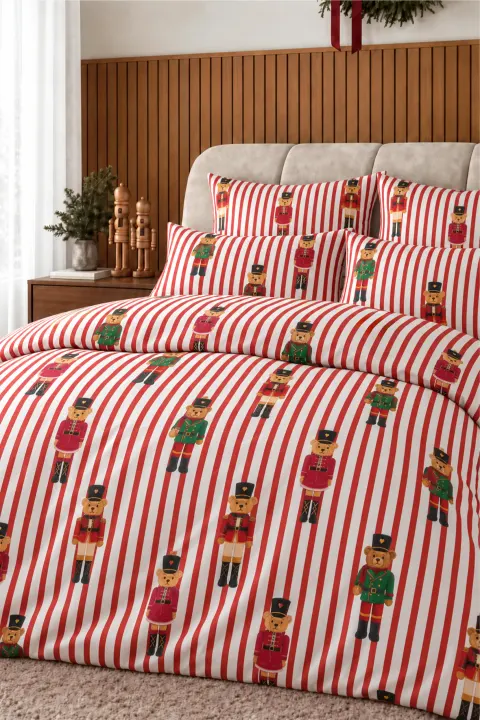 Pościel Świąteczna z Satyny Bawełnianej NUTCRACKER BEAR Czerwona