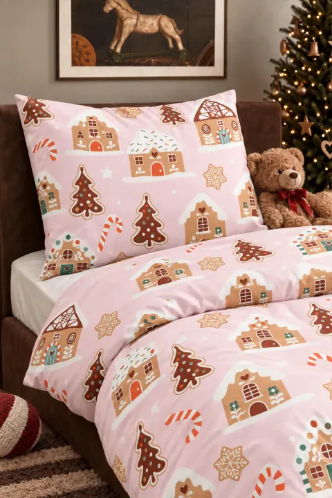 Dziecięca Pościel Świąteczna z Satyny Bawełnianej GINGERHOUSE Pudrowa