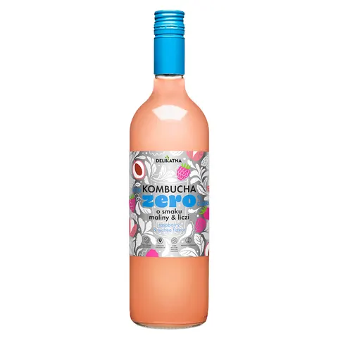 Kombucha o Smaku Maliny i Liczi Zero % Cukru 750 ml Delikatna