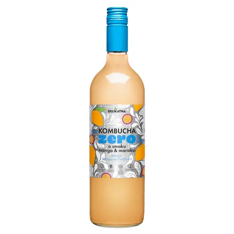 Kombucha o Smaku Mango i Marakui Zero % Cukru 750 ml Delikatna