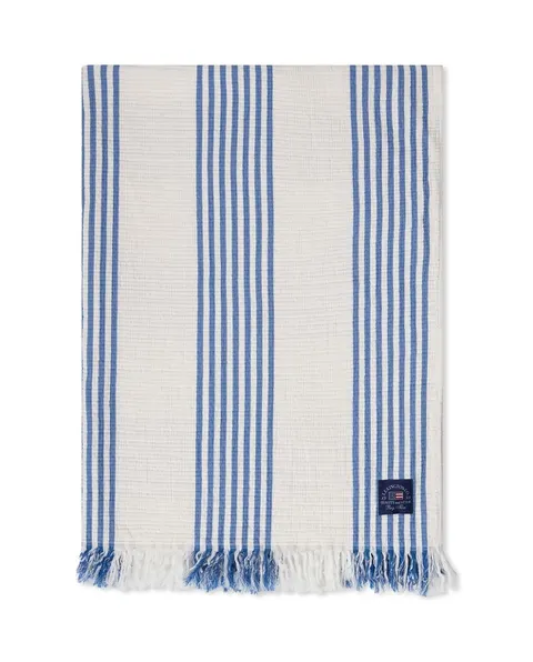 Pled / koc Striped/checked organic cotton throw, white/blue/beige Lexington 130x170