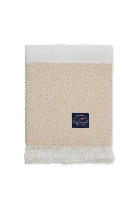 Pled Herringbone Striped Recycled Cotton Throw, Oat/White 130x170 Lexington