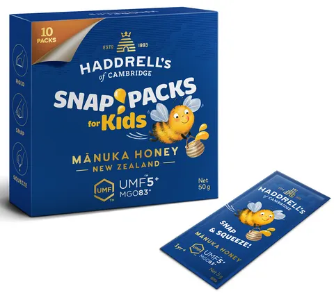 MIÓD MANUKA KIDS MGO 83+ UMF 5+ 10 SASZETEK - HADDRELL'S OF CAMBRIDGE