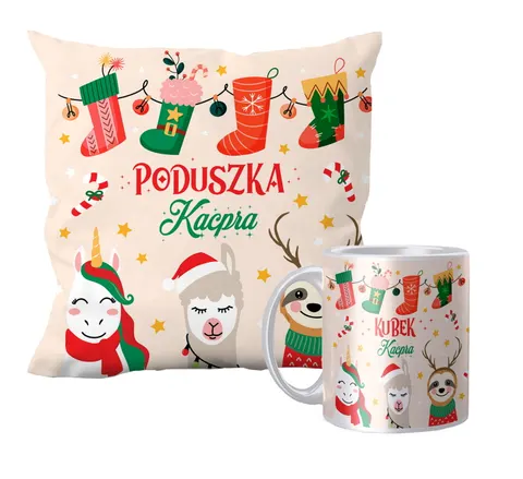 Zestaw poduszka + kubek święta Trio + Imię