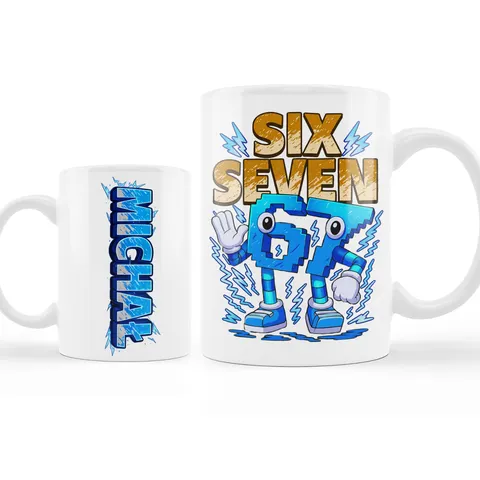 Kubek niebieski napis SIX SEVEN 67 + imię