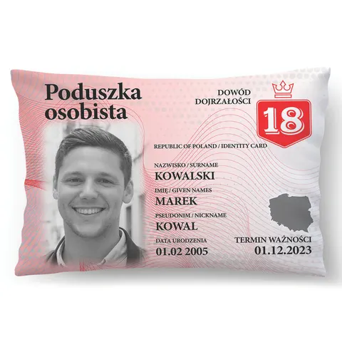 Poduszka Dowód Osobisty 60x40 cm ze zdjęciem na 18 Urodziny
