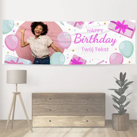 Personalizowany baner na urodziny 300 x 100 cm Rózowy 2