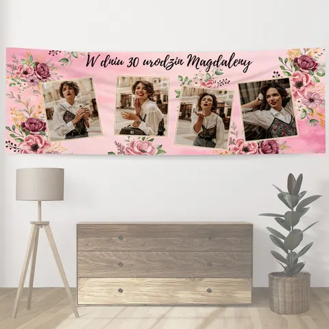 Personalizowany baner na urodziny 300 x 100 cm Kwiaty