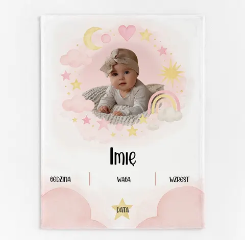Personalizowany Kocyk Metryczka Różowe Chmury