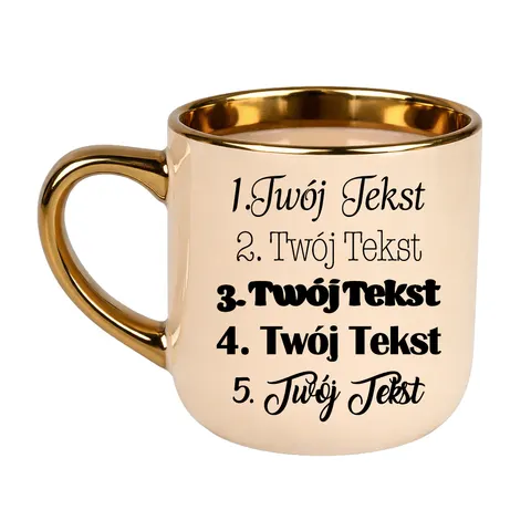 Kubek elegant beżowy ze złotym rantem i uchwytem Twój tekst