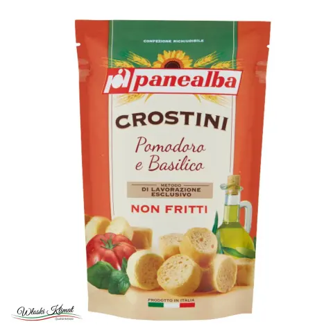 Grzanki chlebowe mini z pomidorami i bazylią w oliwie z oliwek Crostini POMODORO e BASILICO Panealba 100g