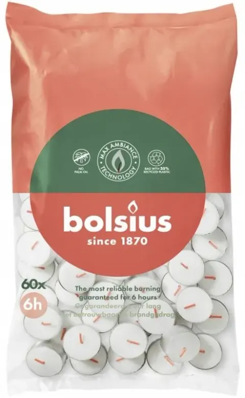 Bolsius podgrzewacze bezzapachowe białe 6 godzinne worek foliowy 60 sztuk