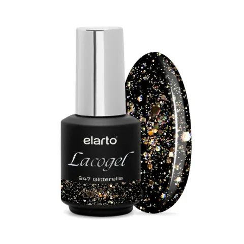 Elarto Lakier hybrydowy Lacogel Glitterella Złoty Brokat nr 947 7ml