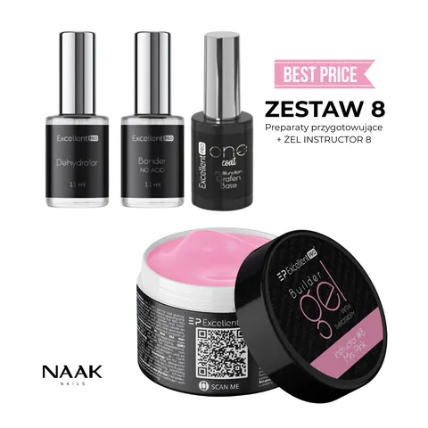 ZESTAW 8 - ŻEL INSTRUKTOR #8 MRS. PINK 50g + PREPARATY PRZYGOTOWUJĄCE