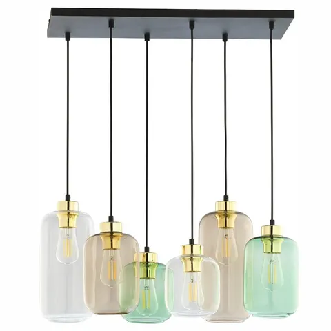 Lampa wisząca na prostokątnej rozecie z kolorowymi, szklanymi kloszami do eleganckiej jadalni MARCO GREEN 6xE27 - 3328