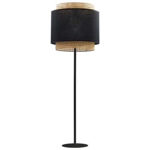 Lampa podłogowa w stylu boho z czarnym abażurem z tkaniny i rattanu 153cm do salonu BOHO BLACK - 5568