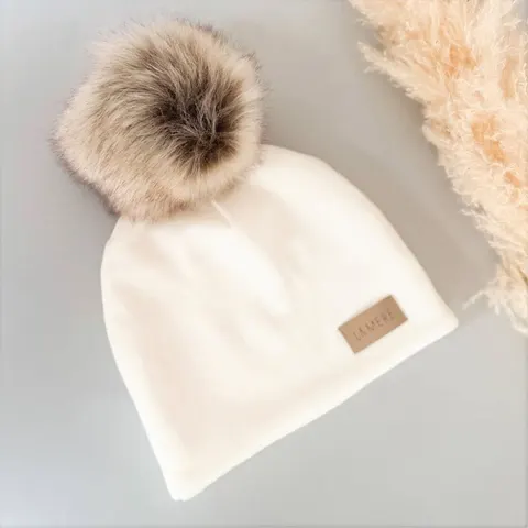 Czapka SNOW ecru - pompon brąz/beż