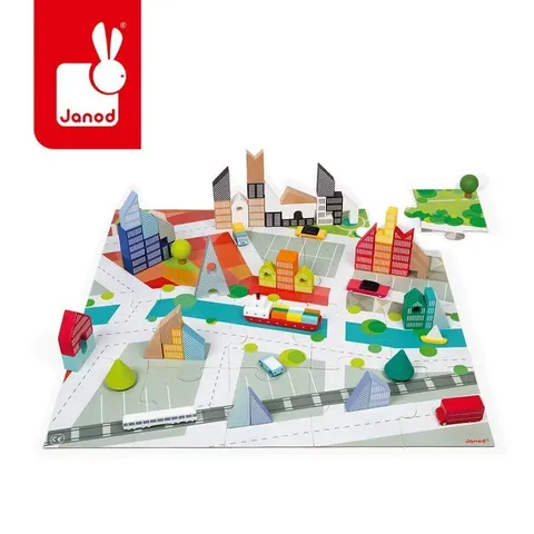 Drewniane klocki z puzzlami Kubix Miasto 60 el. 3 lata+ Janod J08304