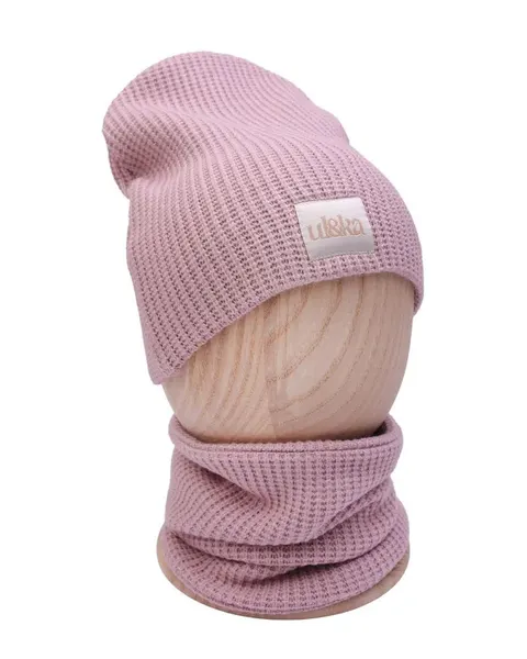 Zimowa dziergana Czapka + Komin POWDER PINK