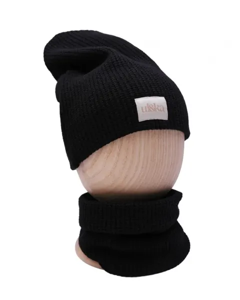 Zimowa dziergana Czapka + Komin BLACK