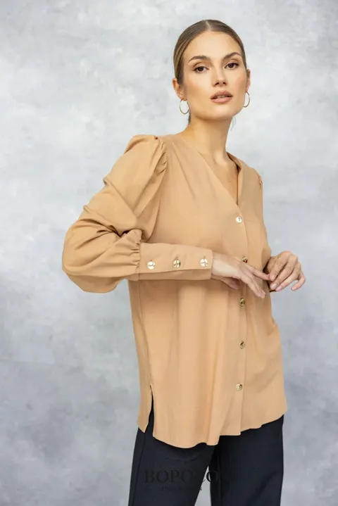 Bluzka V na guziki BEŻOWA -50%