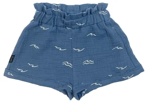 Szorty 021-23 MUSLIN SHORTS - DARK BLUE & WAVE PRINT - GOTS