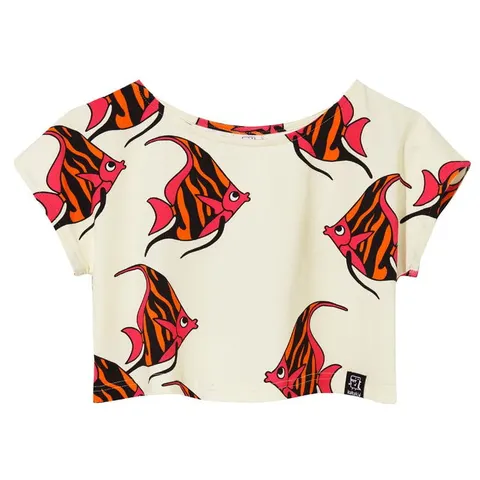 Koszulka Crop Top BEIGE orange-pink fish